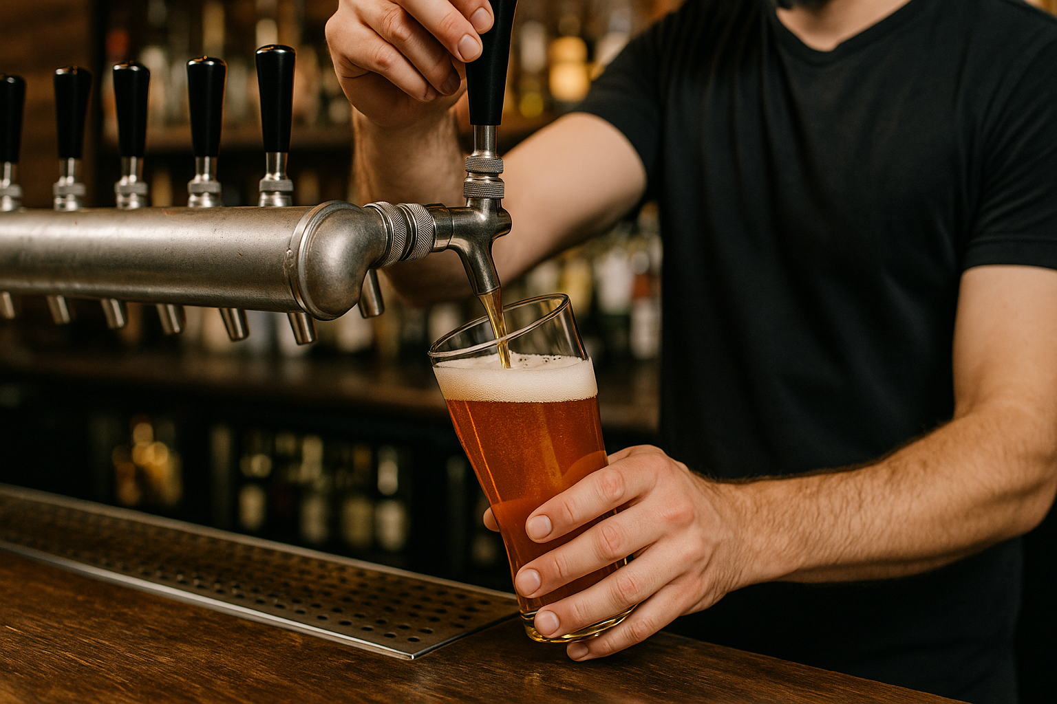 A bartender pouring a beer off a tap Dont show the bartenders face Have the perspective be from the customers view of the bartapbartender